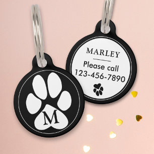 Médaillon Pour Animaux Empreinte de patte blanche Monogramme minimaliste