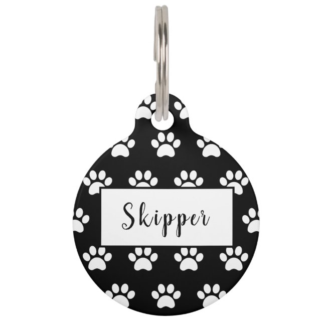 Médaillon Pour Animaux Empreinte de patte noir et blanc personnalisé (Devant)