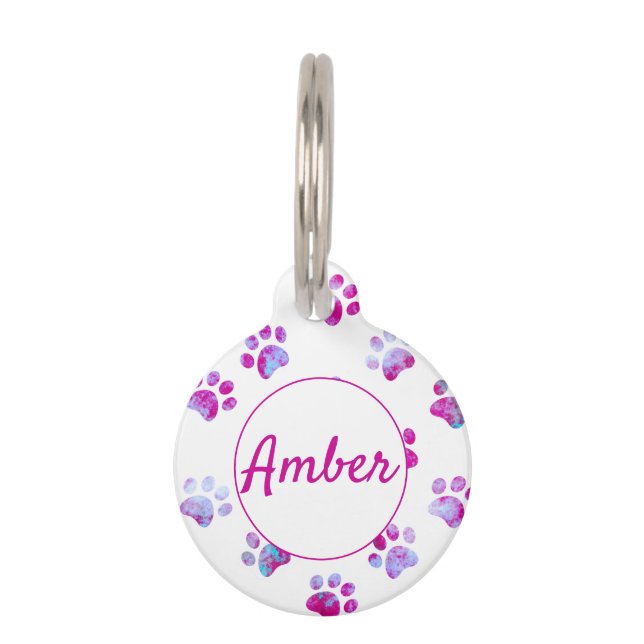 Médaillon Pour Animaux Empreinte de patte texturé rose blanc personnalisé (Devant)