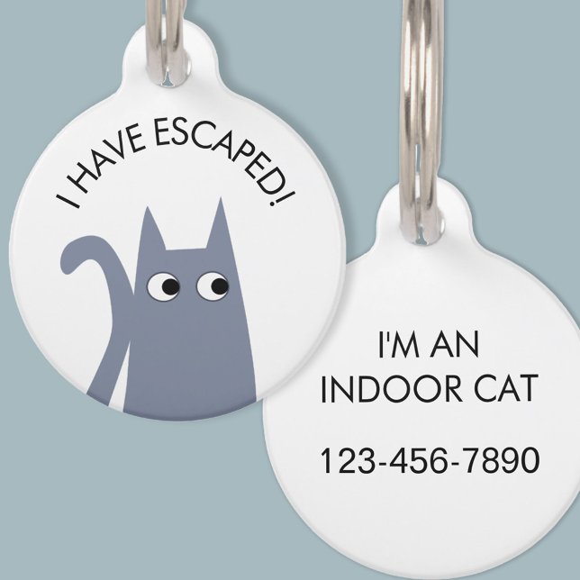 Médaillon Pour Animaux Escapé Cat intérieur bleu gris (Escaped indoor cat personalized phone number safety blue gray cat pet tag)