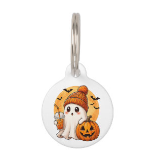 Médaillon Pour Animaux Fantôme buvant un café glacé avec Halloween citrou