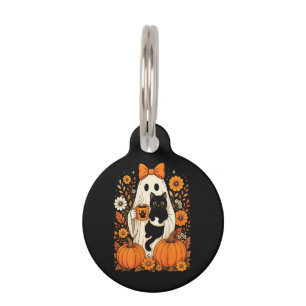 Médaillon Pour Animaux Fantôme groovy d'Halloween tenant un chat noir flo