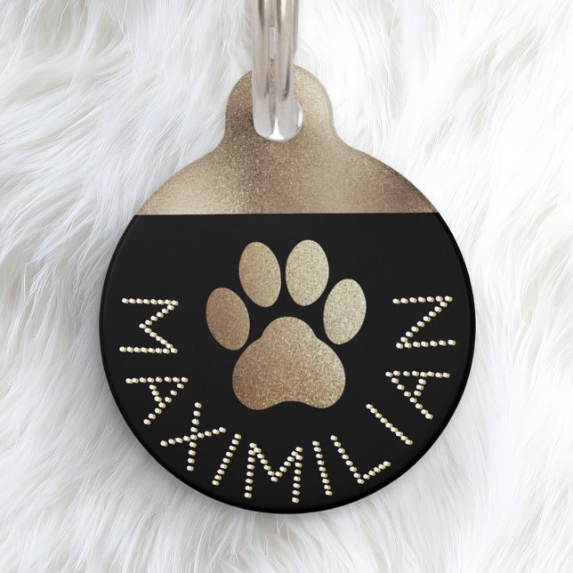 Médaillon Pour Animaux Faux Gold Sparkle Diamante Effet Cool Chien (A faux gold name tag for your pet dog, with glitter-effect pawprint and faux diamante letters)