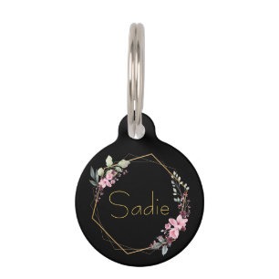 Médaillon Pour Animaux Fleur de Cerisier Noir Élégant Or Personnalisé Nom