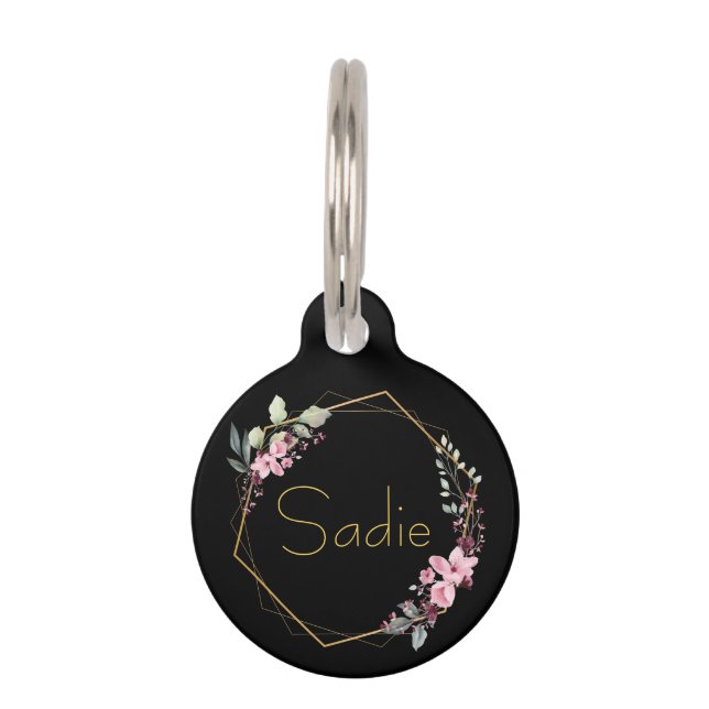 Médaillon Pour Animaux Fleur de Cerisier Noire Élégante Personnalisée Nom (Devant)