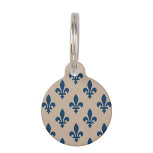 Médaillon Pour Animaux Fleur de Lis Motif, Royal French Blue sur Crème