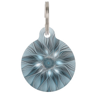 Médaillon Pour Animaux Fleur joyeuse abstraite florale fractale bleue gri