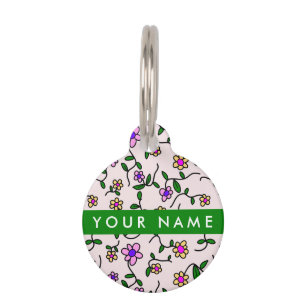 Médaillon Pour Animaux Fleurs Colorées, Fond Rose, Vert