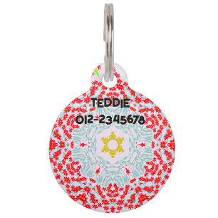 Médaillon Pour Animaux Flore bleu rouge avec n° de contact