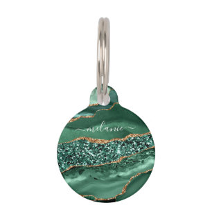 Médaillon Pour Animaux Glitter de Marbre Vert Doré Étiquette Personnalisé