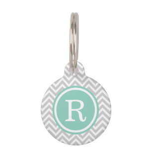Médaillon Pour Animaux Gray et Aqua Chevron Monogram