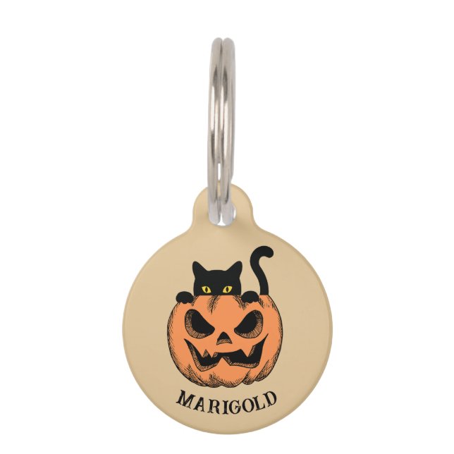 Médaillon Pour Animaux Halloween Citrouille et chat noir Personnalisé (Devant)