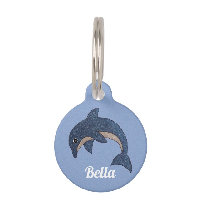 Médaillon Pour Animaux Joli Jumping Glittery Dolphin Bleu foncé et blanc (Devant)