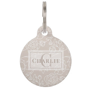 Médaillon Pour Animaux Ligne artistique florale beige   Chien Chat Animal