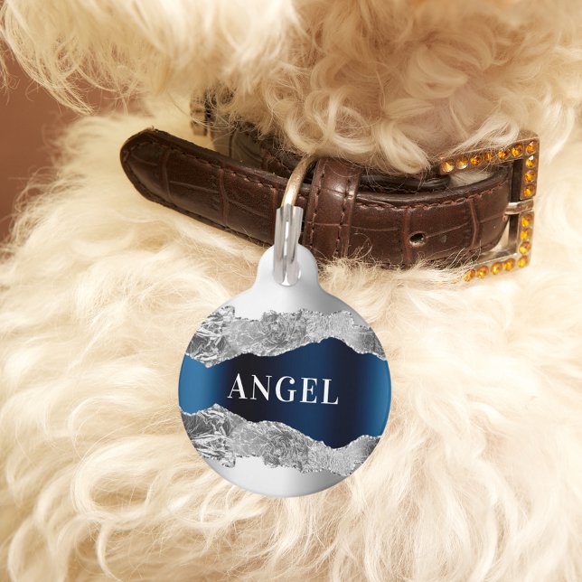 Médaillon Pour Animaux Marbre d'agate en métal bleu argenté (Créateur téléchargé)
