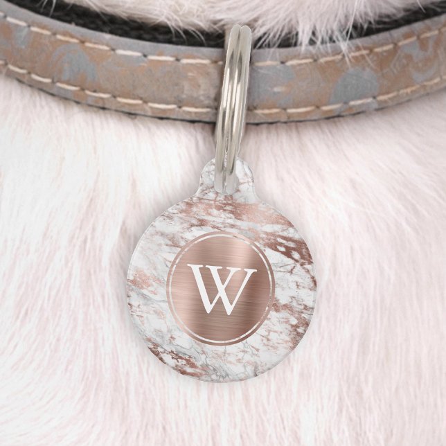 Médaillon Pour Animaux Marbre gris blanc Faux Rose Gold Foil Monogramme (Créateur téléchargé)