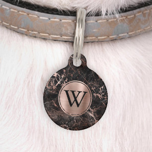 Médaillon Pour Animaux Marbre noir Faux Rose or Foil Monogramme