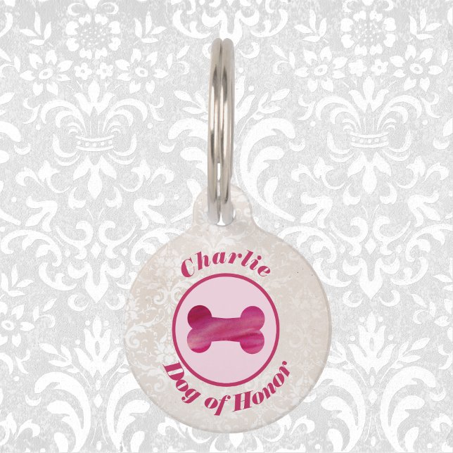 Médaillon Pour Animaux Mariage Faux Lace et Fuchsia Bone "Chien d'honneur (Créateur téléchargé)