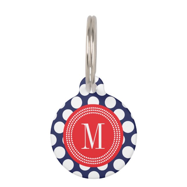 Médaillon Pour Animaux Marine et grand pois rouge décorés d'un monogramme (Devant)