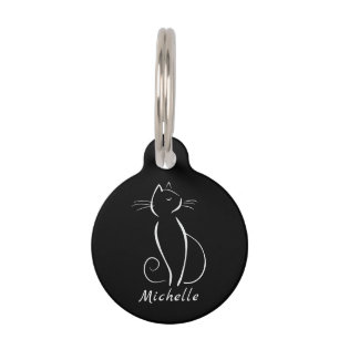 Médaillon Pour Animaux Minimaliste Chat Blanc Sur Noir Ajouter Nom