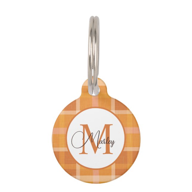 Médaillon Pour Animaux Moderne Orange Plaid Monogramme Nom Personnalisé (Devant)