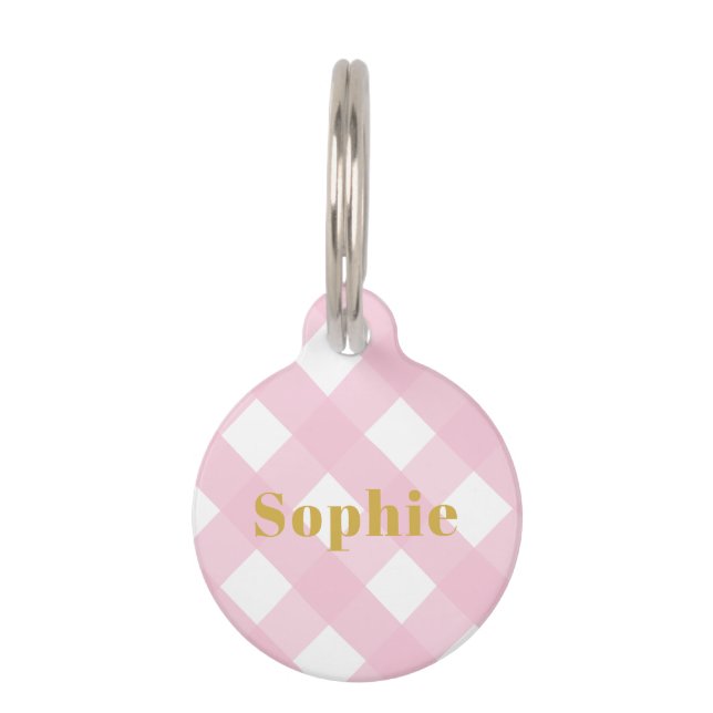 Médaillon Pour Animaux Moderne Simple Pink Check En vichy Or Monogramme (Devant)