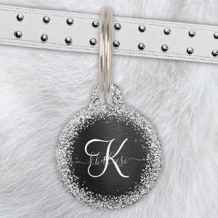Médaillon Pour Animaux Monogramme à étincelle noire à Parties scintillant