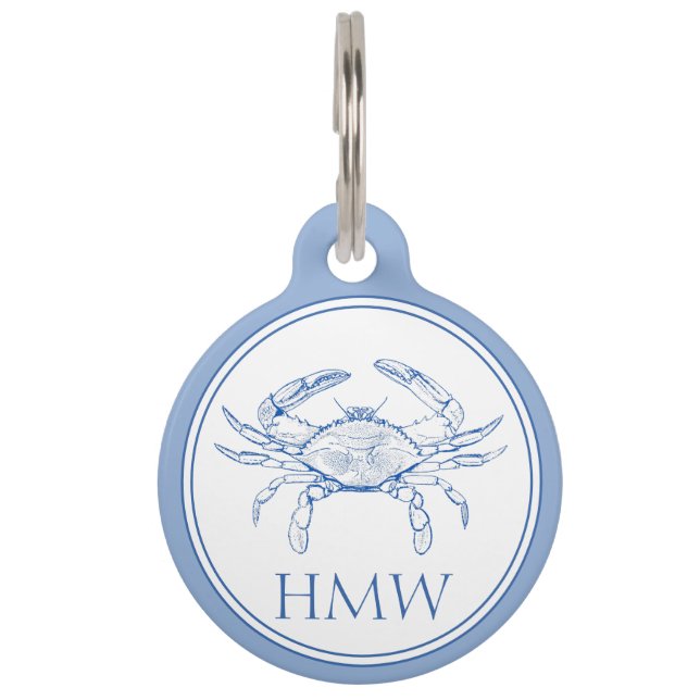 Médaillon Pour Animaux Monogramme de crabe bleu et blanc côtier (Devant)