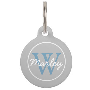 Médaillon Pour Animaux Monogramme de gris de cendre et de bleu de la