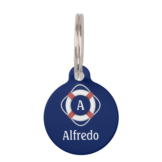 Médaillon Pour Animaux Monogramme de sauvetage nautique bleu marine (Devant)