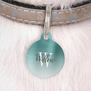 Médaillon Pour Animaux Monogramme métallique brossé Turquoise Ombre vert