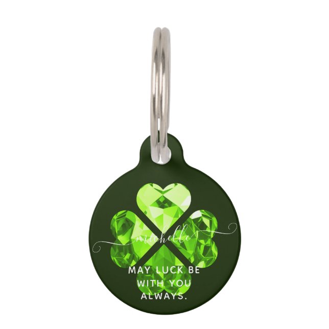 Médaillon Pour Animaux Monogramme moderne Nom Lucky Clover Peridot Chien  (Devant)