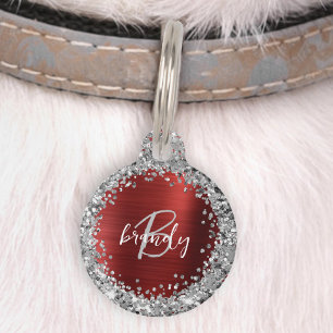 Médaillon Pour Animaux Monogramme Pailleté Argent Métal Brossé Rouge