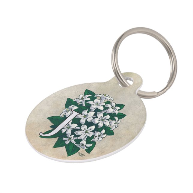 Médaillon Pour Animaux Monogramme personnalisé de fleur de jasmin (Côté )