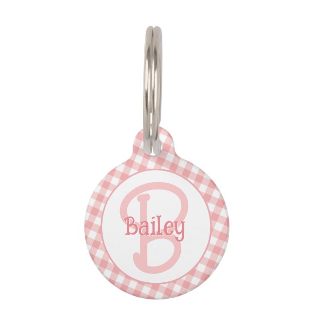 Médaillon Pour Animaux Monogramme Preppy En vichy rose (Devant)