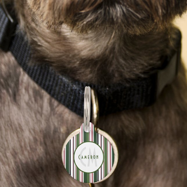 Médaillon Pour Animaux Monogramme rayé vert classique élégant (Elegant Classic Green Striped Monogram Pet ID Tag)