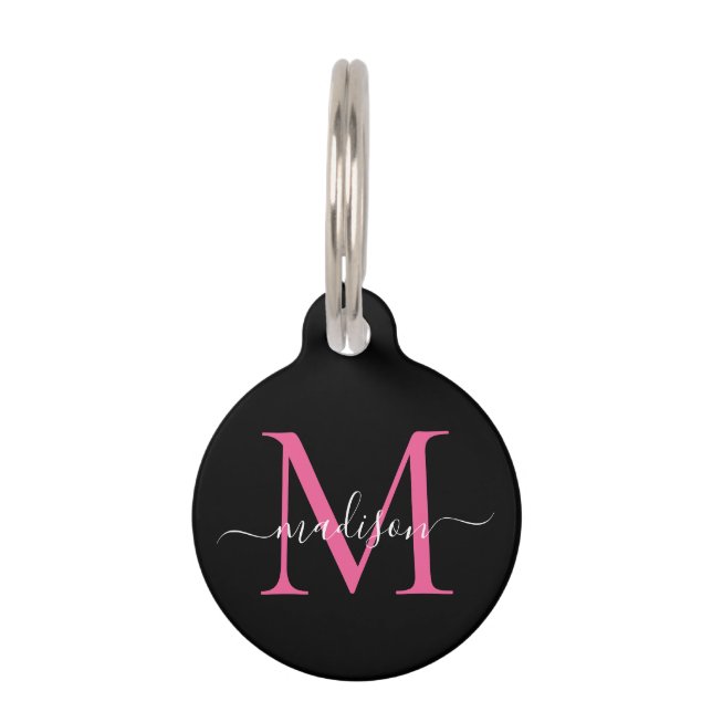 Médaillon Pour Animaux Monogramme rose chaud noir Nom du script féminin (Devant)
