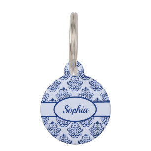 Médaillon Pour Animaux Motif Damas bleu foncé et informations personnalis