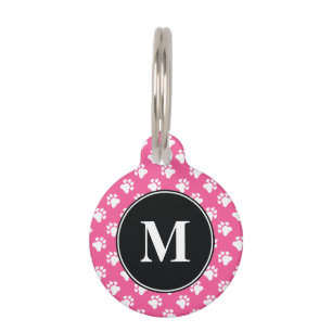 Médaillon Pour Animaux Motif Pattes de Chien Monogramme Noir et Rose