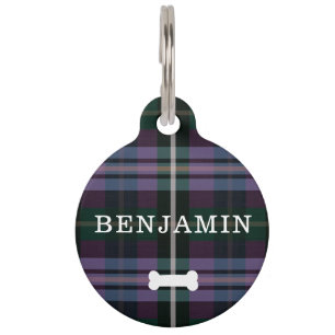 Médaillon Pour Animaux Motif violet et vert, os et monogramme de chien