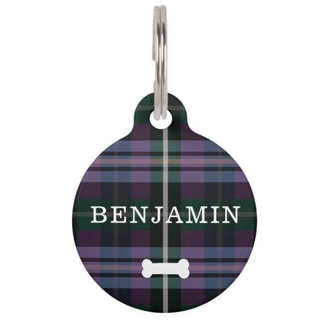 Médaillon Pour Animaux Motif violet et vert, os et monogramme de chien (Devant)