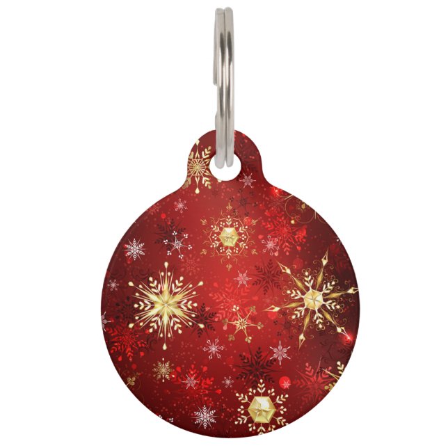 Médaillon Pour Animaux Noël Golden Snowflakes sur Arrière - plan rouge (Devant)