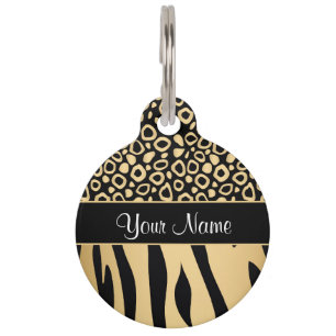 Médaillon Pour Animaux Noir et motif de léopard et de zèbre d'or
