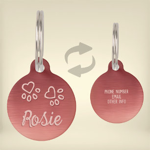 Médaillon Pour Animaux Nom et Empreintes de Patte en Rose Doré