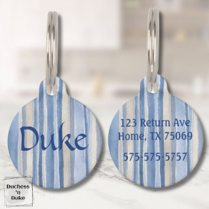 Médaillon Pour Animaux Nom et motif rayé en bleu et beige
