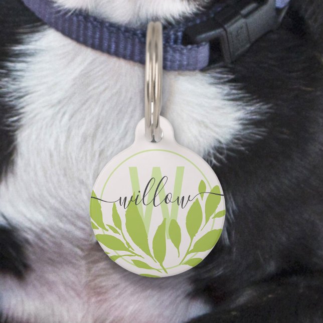Médaillon Pour Animaux Nom Monogramme Élégant Simple Frais Feuilles Verte (Créateur téléchargé)