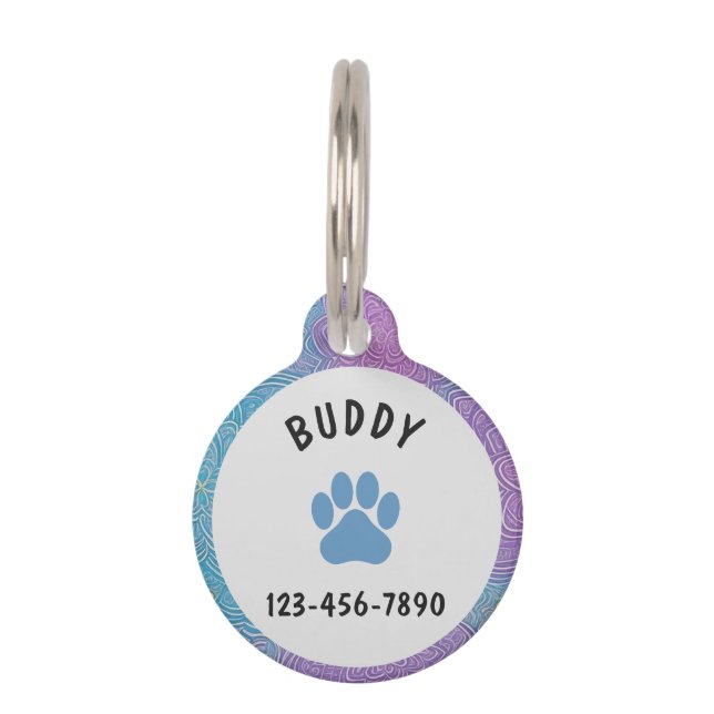 Médaillon Pour Animaux Nom personnalisé Empreinte de patte floral bleu et (Devant)