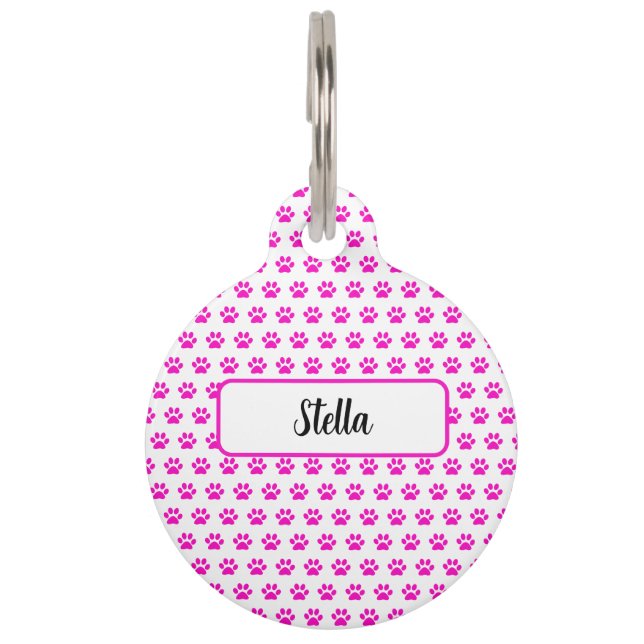 Médaillon Pour Animaux Nom personnalisé Empreintes de pattes Motifs rose  (Devant)