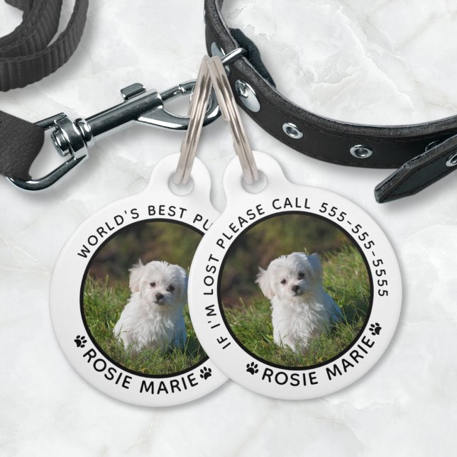 Médaillon Pour Animaux Nom photo du chien mignon Empreintes de pattes per (Cute Dog Photo Name Paw Prints Personalized Pet ID Tag (front and back))