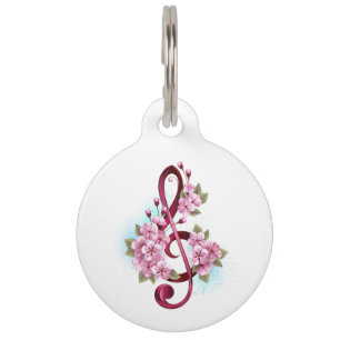 Médaillon Pour Animaux Notes de clef musicale en treble avec des fleurs S